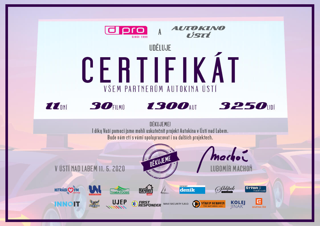 Autokino v Ústí děkuje - Certifikát - Dream PRO